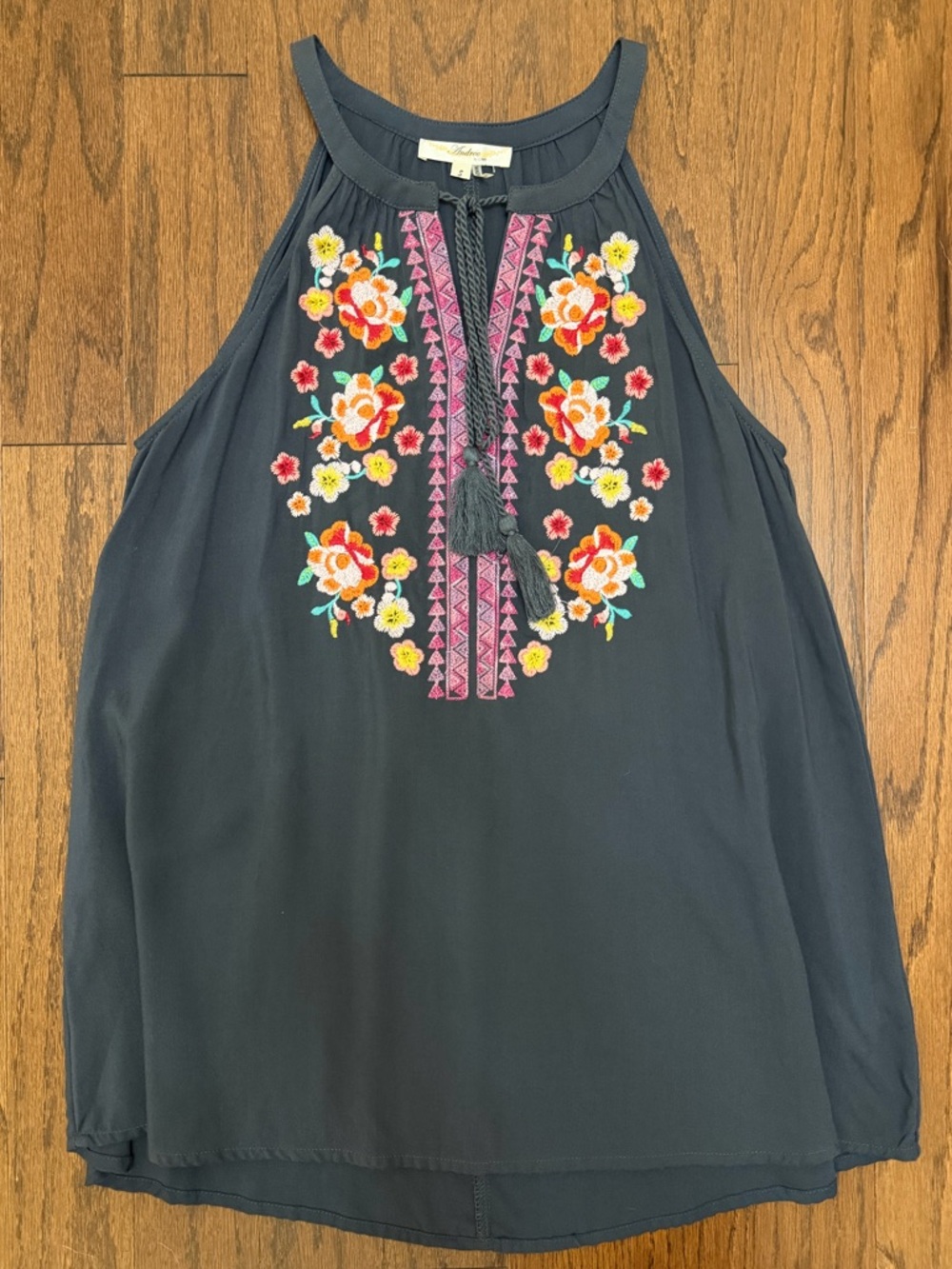 Andree by Unit Embroidered Halter Neck Women's Top in Blue with Floral Detail